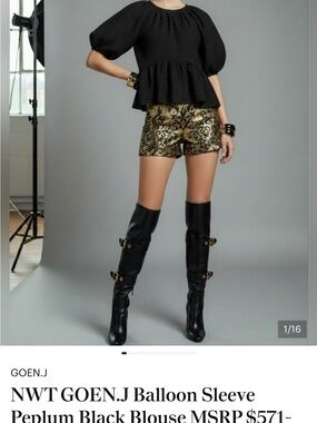 GOEN.J Black Textured Puff Sleeve Peplum Blouse